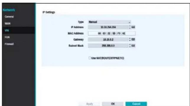 Network General WAN VNT FEN FVerual IP Settings Type Manual IP Address 33.10.294.294 MAC Address 00:03:22:50: F9:4E Gateway 33.10.0.2 Subnet Mask 266.284.0.0 Use NAT/ROUTER/HPNETC) Apply OK Cancel