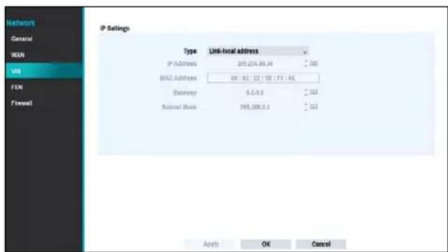 Network General WIN VM FEN Firmware IP Settings Type Link-local address IP Address: 205.254.86.34 MAC Address: 69 : 61 : 63 : 58 : 73 : 66 Gateway: 0,0,0,0 Subnet Work: 248,288,0,0 Apply OK Cancel