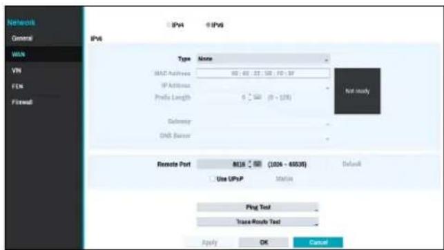 Network General WIN VIN FDN Firewall IPv4 IPv6 IPv6 Type None MAC Address: 80 - 80 - 25 - 500 - FD - SF IP Address: Profile Length: 0 - 500 (0 - 120) Gobenvay CDB Server Not study Remote Port: M335 (1004 - 68535) Default Use UPnP Status Ping Test Trace Route Test Apply OK Cancel