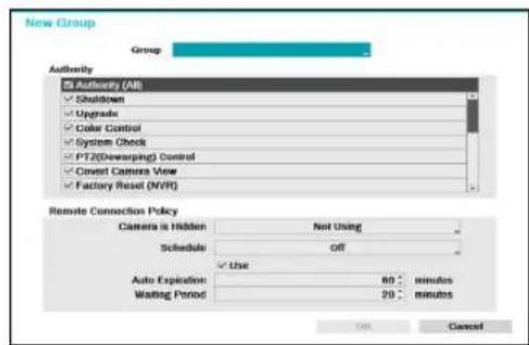 New Group Group Authority Authority (AB) ✓ Shutdown ✓ Upgrade ✓ Color Control ✓ System Check ✓ PTZ(Downgrading) Control ✓ Const Camera View ✓ Factory Reset (NVR) Remote Connection Policy Camera is Hidden: Not Using Schedule: Off ✓ Use Auto Expiration: 60 minutes Waiting Period: 20 minutes OK Cancel