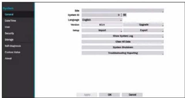 System General DateTime User Security Storage Half-Diagnosis Custom Value About Site System ID 9 988 Language English Version 8.5.4 Upgrade Setup Import Expert Show System Leg Clear All Data System Shutdowns Troubleshooting Reporting Apply OK Cancel