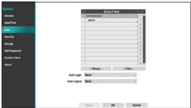 System General DateTime User Security Storage Self-Diagnetics Custom Value About Group 5 User Administrator admin Group 5 User + Group... + User... Auto Login Never Auto Logset Never Apply OK Cancel