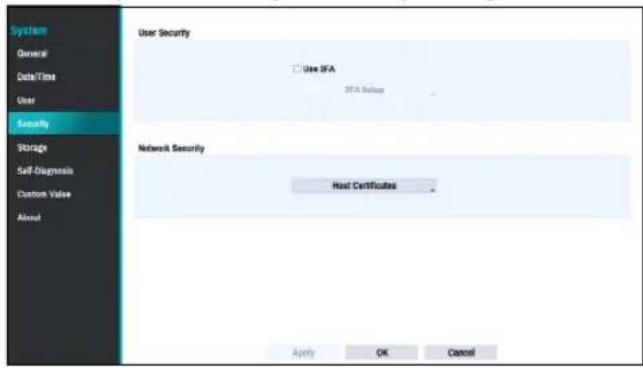 System General Data/Time User Security Storage Self-Diagnosis Custom Value About User Security Use IFA STA Setup Network Security Host Certificates Apply OK Cancel