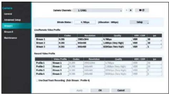 Camera Channels : 1.CAM1 General Advanced Setup Stream1 Stream II Maintenance Static Status : 4.78bps (Allocation : 98bps) Setup Live/Remote Video Profile Code Resolution Quality VBR / CSR ips Stream 1 H.285 200x1844 4.78bps VBR 30 Stream 2 H.285 840x400 1.88bps (Very High) VBR 30 Stream 3 H.285 840x400 833Kbps (Very High) VBR 5 Record Video Profile Profile 1 Stream 1 H.285 200x1844 4.78bps VBR 30 Profile 2 Stream 2 H.285 840x400 1.88bps (Very High) VBR 30 Profile 3 Stream 3 H.285 840x400 653Kbps (Very High) VBR 4 Profile 4 Stream 3 H.285 840x400 633Kbps (Very High) VBR 3 Use Dual Track Recording (Sub Stream : Profile 4) Apply OK Cancel