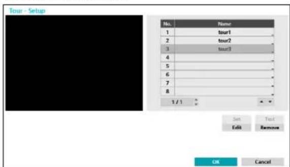Tour - Setup No. Name 1 tour1 2 tour2 3 tour3 4 5 6 7 8 1 / 1 Set Text Edit Remove OK Cancel