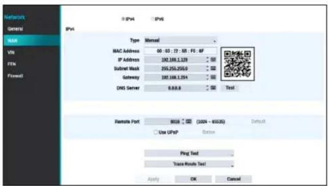 Networks General MAN VNI FTN Firmware IPv4 IPv6 Type Manual MAC Address 00:03:22:50:F6:8F IP Address 392.168.1.129 Subnet Mask 255.250.255.0 Gateway 392.168.1.254 DNS Server 0.0.0.0 Test Remote Port 8016 (300% - 850.0%) Default Use UFPsP Rating Ping Test Trace Route Test Apply OK Cancel