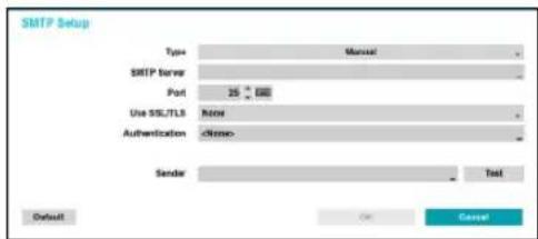 SMTP Setup Type Manual SMTP Server Port 25 GB Use SSL/TLS None Authentication -None Sender Test Default Cancel