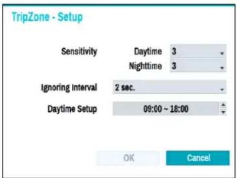 TripZone - Setup Sensitivity Daytime 3 Nighttime 3 Ignoring interval 2 sec. Daytime Setup 09:00 ~ 18:00 OK Cancel