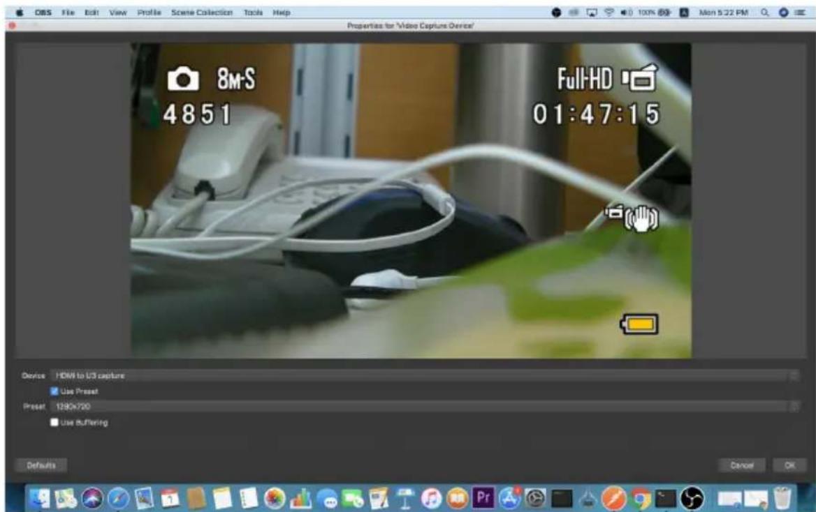 8M-S 4851 Full-HD 01:47:15 Device HDMI to U3 capture Use Preset Preset 1290x700 Use Buffering Defaults Cancel OK