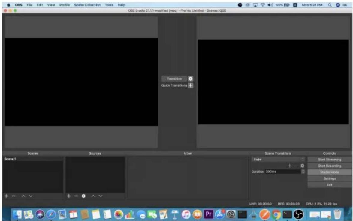 QBS Studio 21.1.13-modified [mac] - Profile: Unified - Scenes: QSG Transition Quick Transitions Scenes Sources Viber Scene Transitions Flake Duration 300ms Start Streaming Start Recording Studio Movie Settings Exit LIVE: 00:00:00 RTG: 00:00:00 CPU: 2.2%, 21.29 fps
