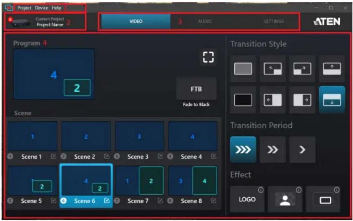 Project Device Help Current Project Project Name 2 VIDEO 3 AUDIO SETTINGS ATEN Program 4 FTB Fade to Black Scene 1 2 3 4 Scene 1 Scene 2 Scene 3 Scene 4 2 4 2 Scene 5 Scene 6 Scene 7 Scene 8 Transition Style Transition Period Effect LOGO