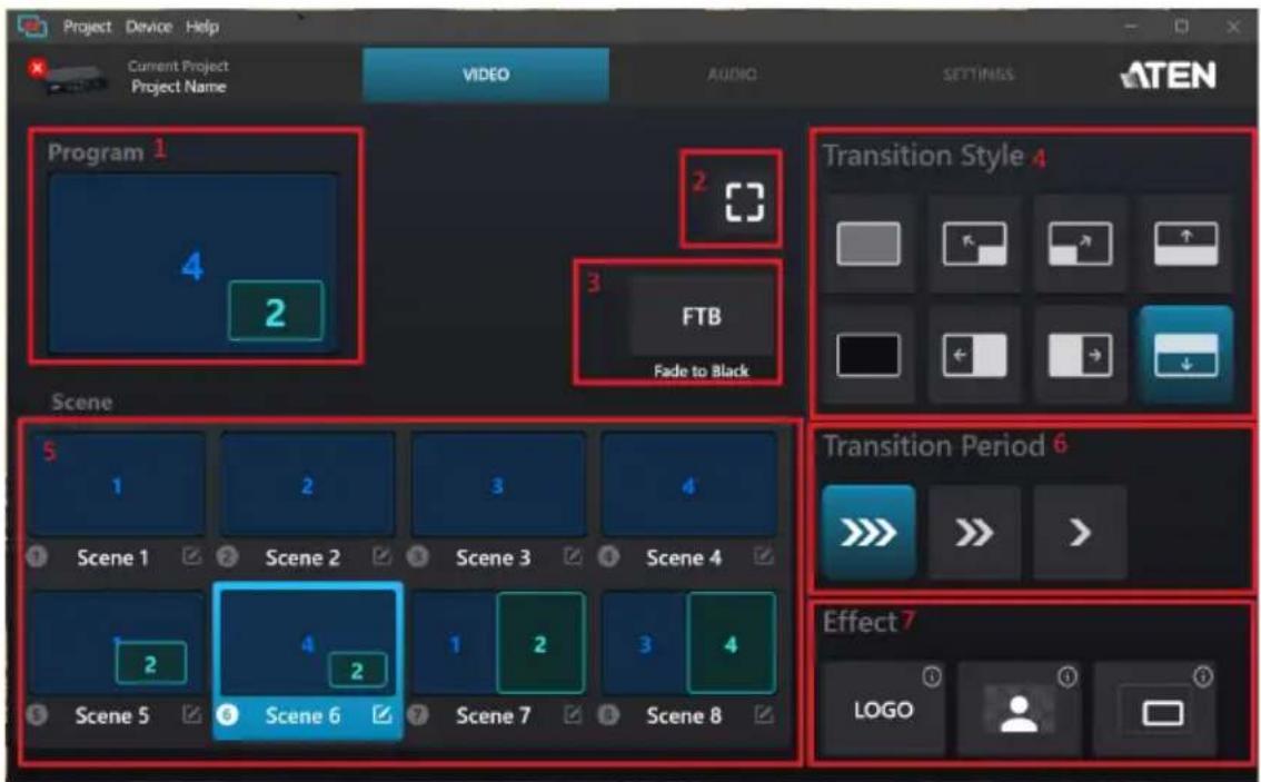 Project Device Help Current Project Project Name VIDEO AUDIO SETTINGS ATEN Program 1 4 2 2 3 FTB Fade to Black Transition Style 4 Scene 5 1 2 3 4 Scene 1 Scene 2 Scene 3 Scene 4 1 2 4 2 1 2 3 4 Scene 5 Scene 6 Scene 7 Scene 8 Transition Period 6 Effect 7 LOGO