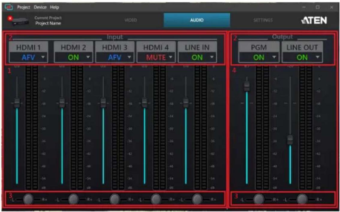 Project Device Help Current Project Project Name VIDEO AUDIO SETTINGS ATEN 2 Input HDMI 1 AFV HDMI 2 ON HDMI 3 AFV HDMI 4 MUTE LINE IN ON 2 Output PGM ON LINE OUT ON 4 3 -L R+ -L R+ -L R+ -L R+ -L R+ -L R+ -L R+ -L R+ -L R+ -L R+ -L R+ -L R+ -L R+ -L R+ -L R+ -L R+ -L R+ -L R+ -L R+ -L R+ -L R+ -L R+ -L R+ -L R+ -L R+ -L R+ - L R+ - L R+ - L R+ - L R+ - L R+ - L R+ - L R+ - L R+ - L R+ - L R+ - L R+ - L R+ - L R+ - L R+ - L R+ - L R+ - L R+ - L R+ - L R+ - L R+ - L R+ - L R+ - L R+ - L R+ - L R+ - A F V 1