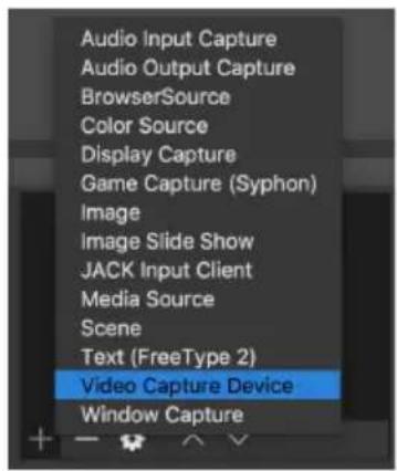 Audio Input Capture Audio Output Capture BrowserSource Color Source Display Capture Game Capture (Syphon) Image Image Slide Show JACK Input Client Media Source Scene Text (FreeType 2) Video Capture Device Window Capture