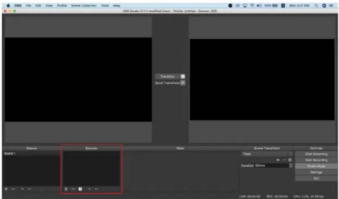 OBS Studio 21.1.1-modified (mac) - Profile: Untitled - Scenes: OSG Transitions Quick Transitions Scenes Scenes 1 Sources Mixer Scene Transitions Face + - Duration 300ms Controls Start Streaming Start Recording Studio Mode Settings Exit LIVE: 00:00:00 REC: 00:00:00 CPU: 1.3%, 21:39 fps