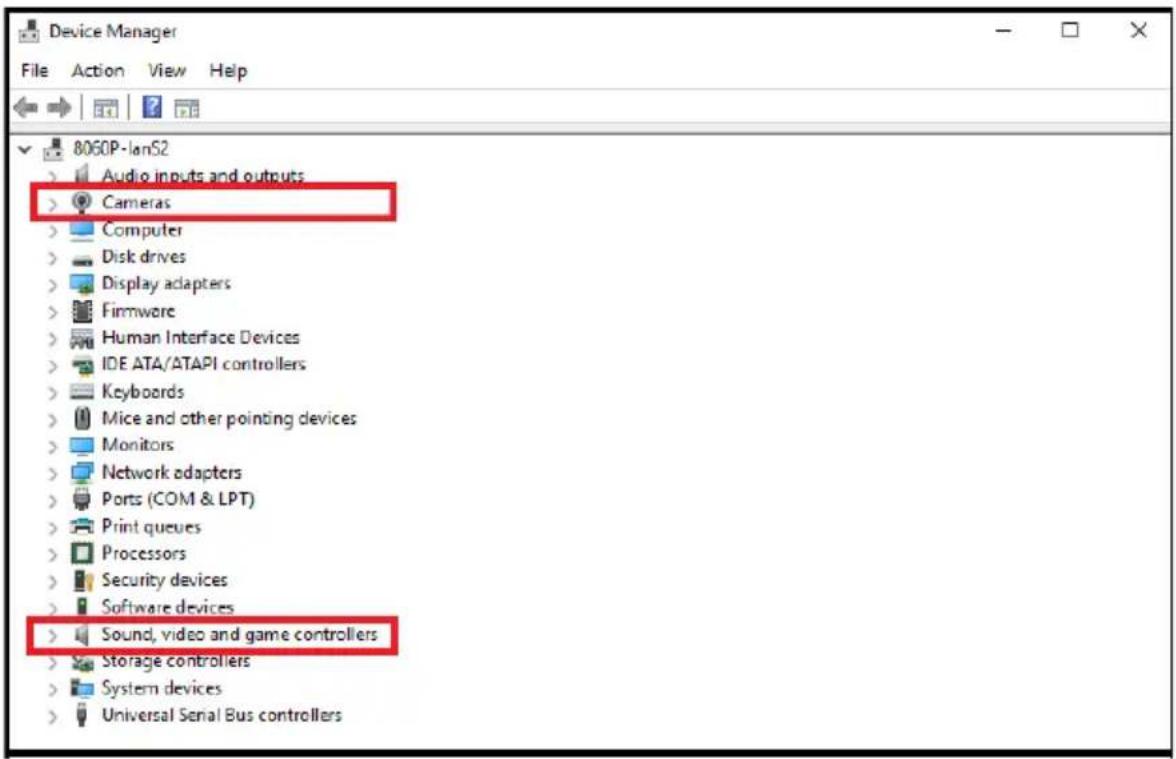 Device Manager File Action View Help 8060P-lanS2 Audio inputs and outputs Cameras Computer Disk drives Display adapters Firmware Human Interface Devices IDE ATA/ATAPI controllers Keyboards Mice and other pointing devices Monitors Network adapters Ports (COM & LPT) Print queues Processors Security devices Software devices Sound, video and game controllers Storage controllers System devices Universal Serial Bus controllers