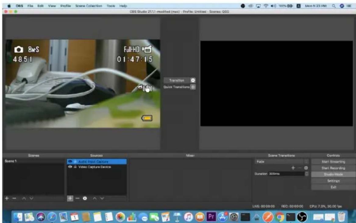 CBS Studio 21.1.1-modified (mac) - Profile: Untitled - Scenes: QSG 8m-S 4851 Full-HD 01:47:15 Transition Quick Transitions Scenes Sources Mixer Scene Transitions Fooler + - Duration 300ms Controls Start Streaming Start Recording Studio Mode Settings Exit LIVE: 00:00:00 REC: 00:00:00 CPU: 7.3%, 30.00 fps