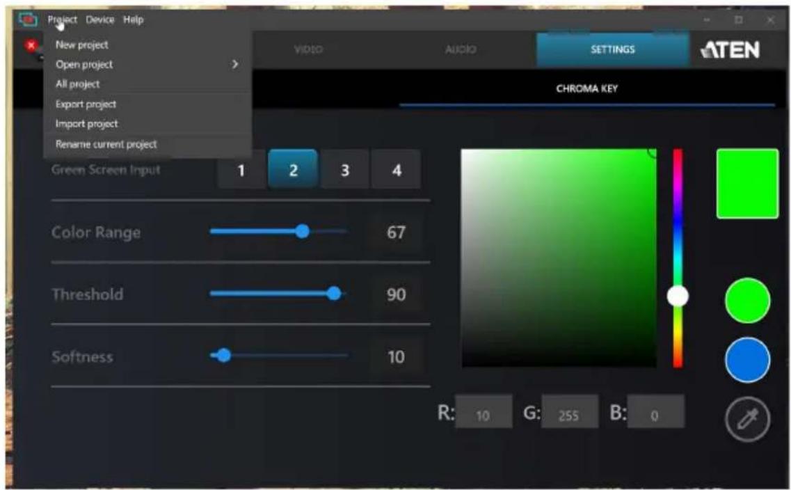 Project Device Help New project Open project All project Export project Import project Rename current project Green Screen Input 1 2 3 4 Color Range 67 Threshold 90 Softness 10 R: 10 G: 255 B: 0 CHROMA KEY VICO AUDIO SETTINGS ATEN