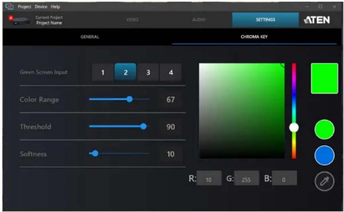 Project Device Help Current Project Project Name VIDEO AUDIO SETTINGS GENERAL CHROMA KEY Green Screen Input 1 2 3 4 Color Range 67 Threshold 90 Softness 10 R: 10 G: 255 B: 0