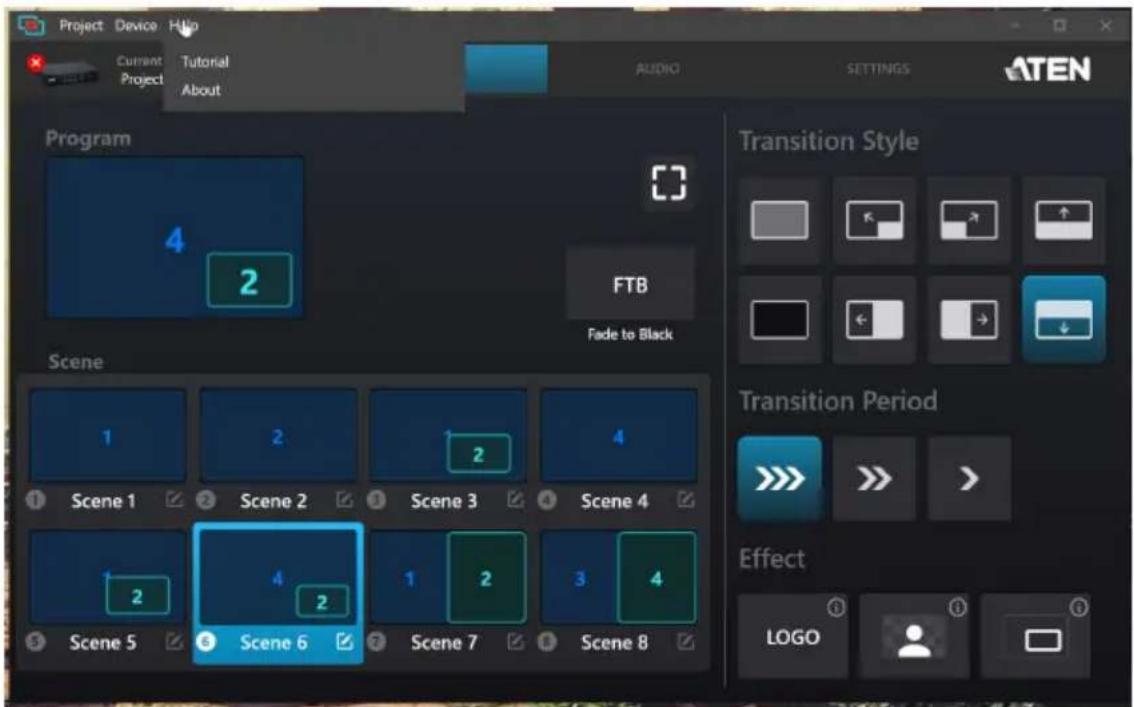 Project Device Help Current Tutorial Project About AUDIO SETTINGS ATEN Program 4 2 FTB Fade to Black Scene 1 2 2 4 Scene 1 Scene 2 Scene 3 Scene 4 2 4 2 1 2 3 4 Scene 5 Scene 6 Scene 7 Scene 8 Transition Style Transition Period Effect LOGO