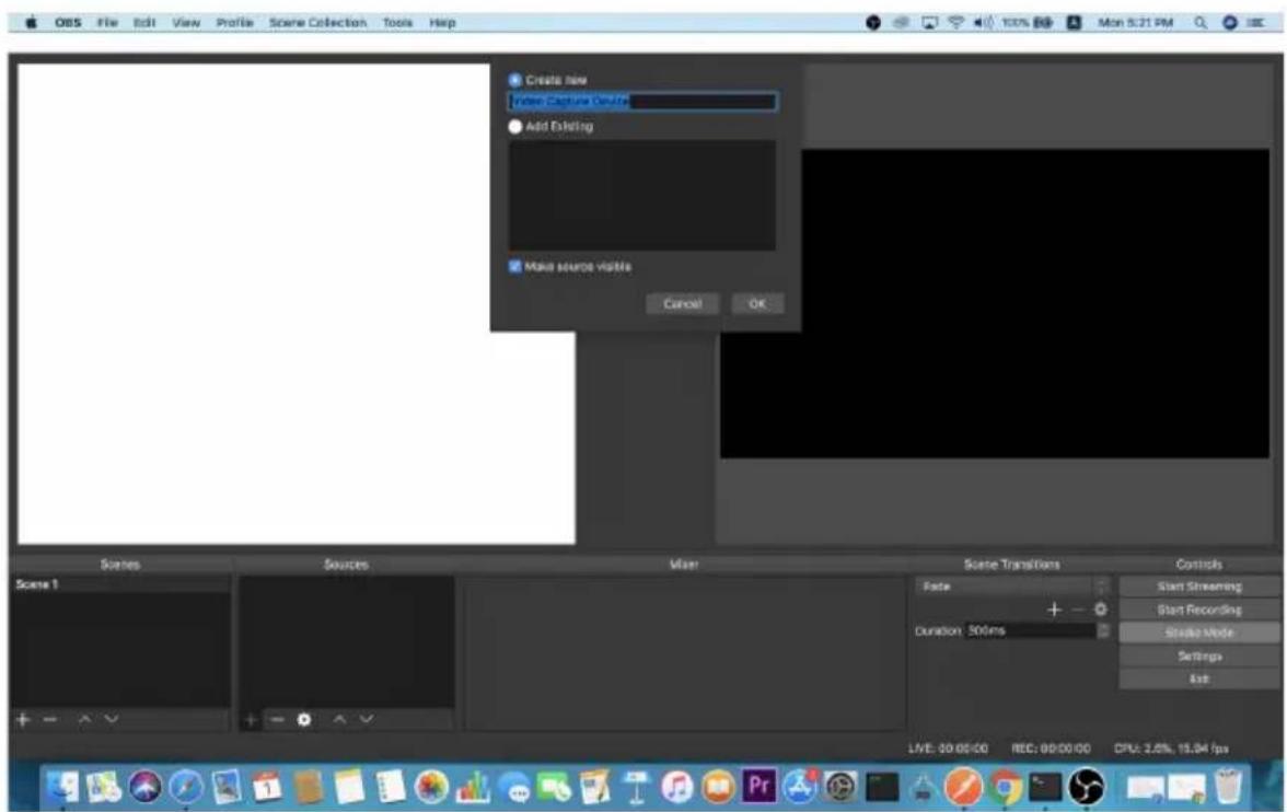 OBS File Edit View Profile Scene Collection Tools Help Create new Video Capture Guide Add Existing Make source visible Cancel OK Scenes Sources Viewer Scene Transitions Controls Scene 1 Fade Start Streaming Start Recording Studio Mode Settings alt LIVE: 00:00:00 REC: 00:00:00 CPU: 2.6%, 15.04 fps
