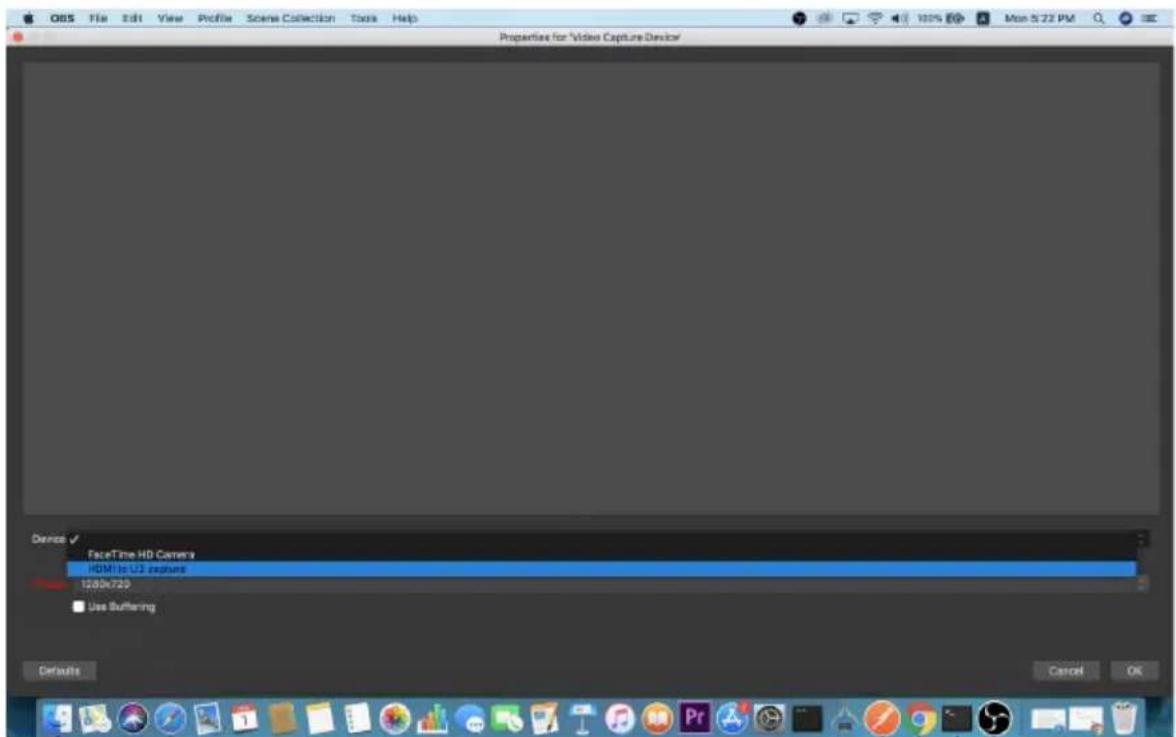 Properties for "Video Capture Device" Device FaceTime HD Camera HDM to U3 capture 1200x720 Use Buffering Defaults Cancel OK