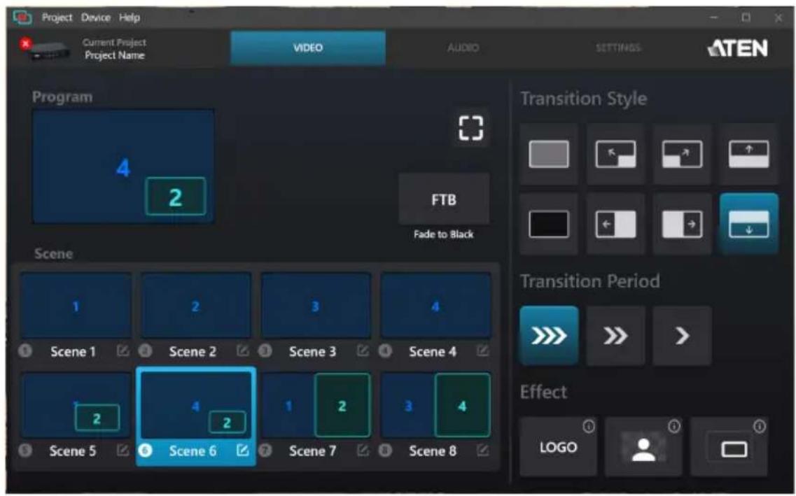 Project Device Help Current Project Project Name VIDEO AUDIO SETTINGS ATEN Program 4 2 FTB Fade to Black Scene 1 2 3 4 Scene 1 Scene 2 Scene 3 Scene 4 2 4 2 1 2 3 4 Scene 5 Scene 6 Scene 7 Scene 8 Transition Style Transition Period Effect LOGO