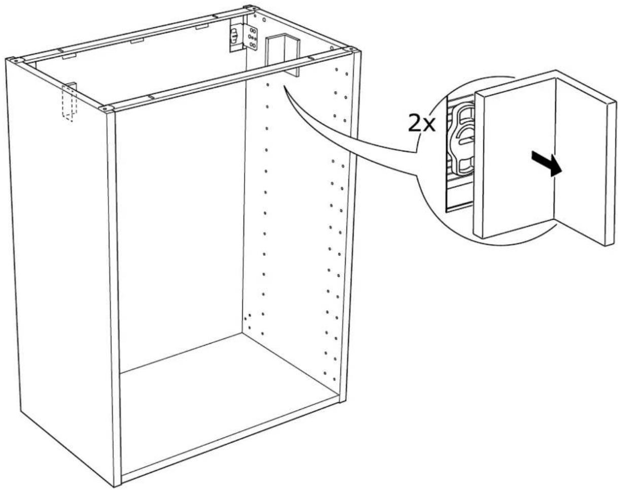 Technical diagram of a cabinet with an inset showing a 2x magnified view of the interior panel.