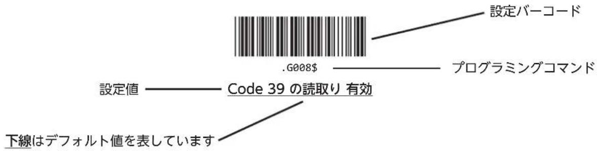 .G008$ 設定バーコード プログラミングコマンド 設定値 ——— Code 39 の読取り 有効 下線はデフォルト値を表しています