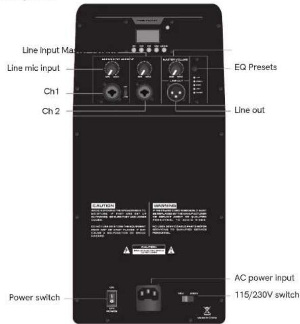 Line input Max Line mic input Ch1 Ch 2 EQ Presets Line out CAUTION WARNING AC power input 115/230V switch Power switch