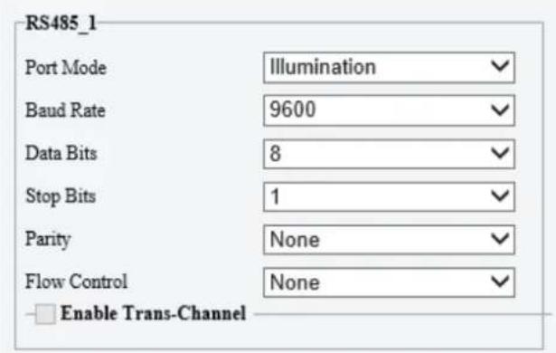 RS485_1 Port Mode Illumination Baud Rate 9600 Data Bits 8 Stop Bits 1 Parity None Flow Control None Enable Trans-Channel