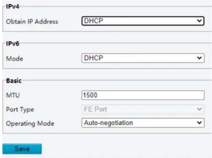 IPv4 Obtain IP Address DHCP IPv6 Mode DHCP Basic MTU 1500 Port Type FE Port Operating Mode Auto-negotiation Save