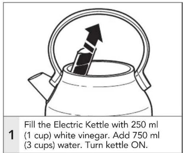 Fill the Electric Kettle with 250 ml (1 cup) white vinegar. Add 750 ml (3 cups) water. Turn kettle ON.