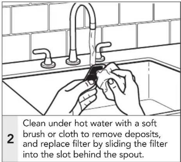 2 Clean under hot water with a soft brush or cloth to remove deposits, and replace filter by sliding the filter into the slot behind the spout.