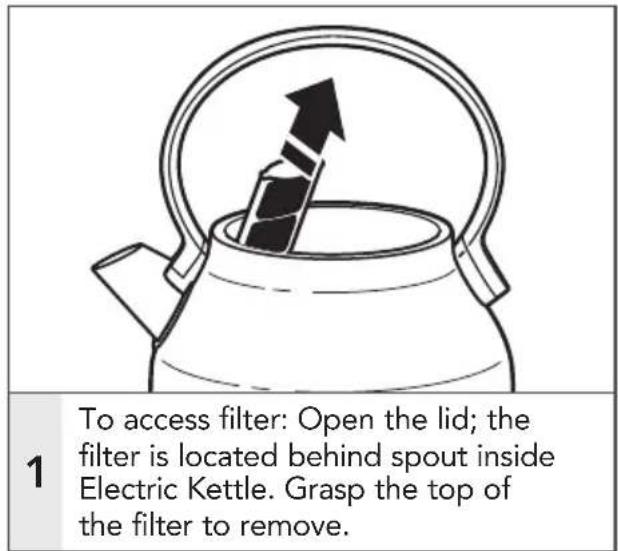 To access filter: Open the lid; the filter is located behind spout inside Electric Kettle. Grasp the top of the filter to remove.