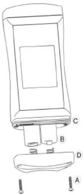 Technical diagram of a device with labeled parts A, B, C, and D, showing internal components and mounting hardware.
