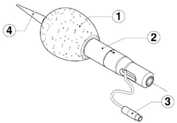 Technical diagram of a mechanical device with numbered parts labeled 1, 2, 3, and 4.