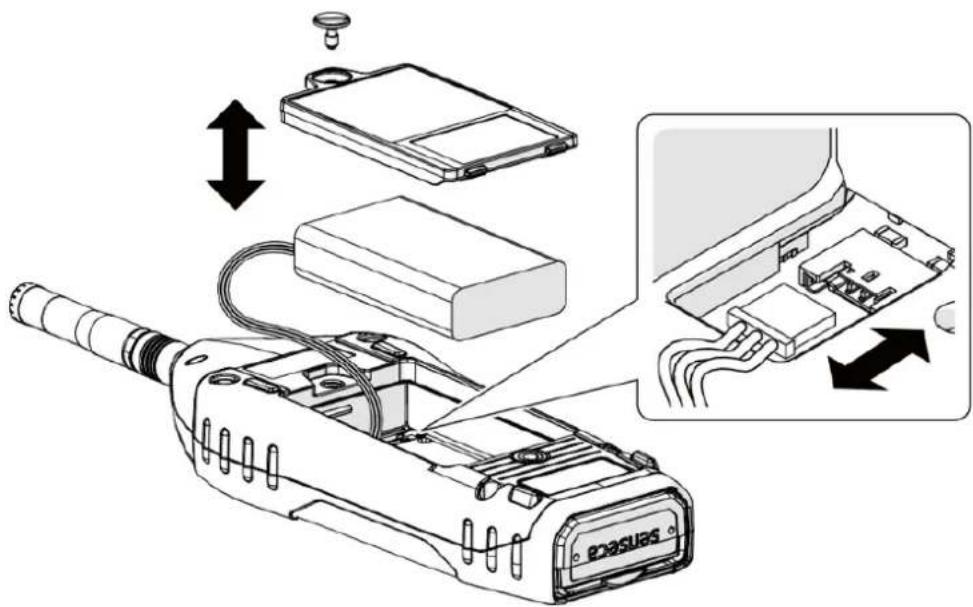 Technical diagram showing assembly of a sensor device with labeled components and directional arrows indicating assembly steps.