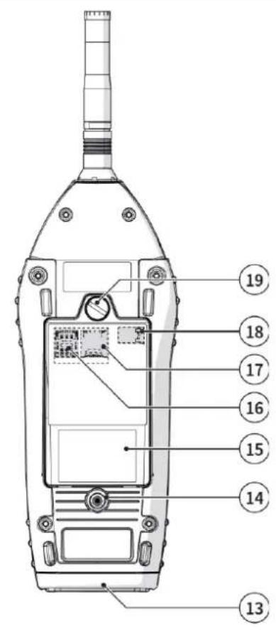 Technical diagram of a walkie-talkie with numbered parts labeled for identification