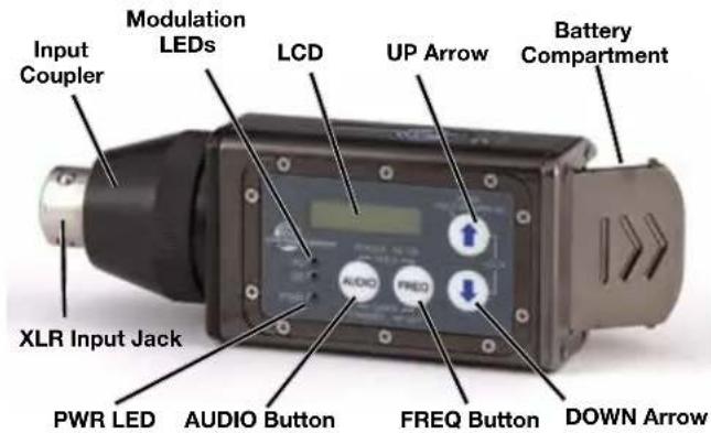 Input Coupler Modulation LEDs LCD UP Arrow Battery Compartment XLR Input Jack PWR LED AUDIO Button FREQ Button DOWN Arrow
