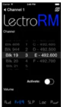 Channel 1 ElectroRM Channel Blk 608 1 C - 492.400 Blk 944 2 D - 492.500 Blk 19 3 E - 492.600 Blk 20 4 F - 492.700 Blk 21 5 Activate: Volume Rud FrEq SLP Loc Puur