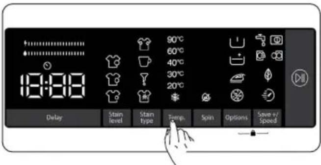 18:00 90°C 60°C 40°C 30°C 20°C Delay Stain level Stain type Temp. Spin Options Save +/Speed