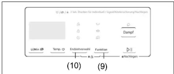 /∅ / ★ 3 S/n. Drachten für Individuell /Signal/Kindersicherung/Nachlegen U/Min ∅ Temp. ∅ Endzeitvorwahl Funktiae ▶|| △Nachlagen (10) (9)