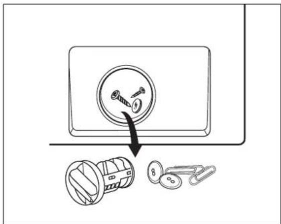 Diagram showing a switch mechanism with screw and paperclip components, illustrating the process from disassembly to assembly.