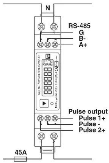 N RS-485 G B- A+ F= T10 KWAHz 20V/12.5-8/50C C#33# Ort No: 131120 FBL/PUS-FE 1000mA/W 20V/12.5-8/50C Pulse output Pulse 1+ Pulse - Pulse 2+ 45A