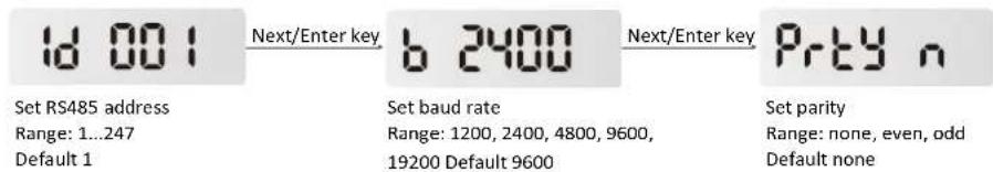 id 001 Set RS485 address Range: 1...247 Default 1 Next/Enter key b 2400 Set baud rate Range: 1200, 2400, 4800, 9600, 19200 Default 9600 Next/Enter key Prty n Set parity Range: none, even, odd Default none
