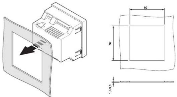 Technical drawing of a device with cross-sectional view and dimensional annotations including 92x and 1.5-3.0 units.