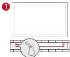 Diagram showing a brick wall with a rectangle and a magnified view of a pipe or pipe passing through it, labeled with numbers 1 and 2.