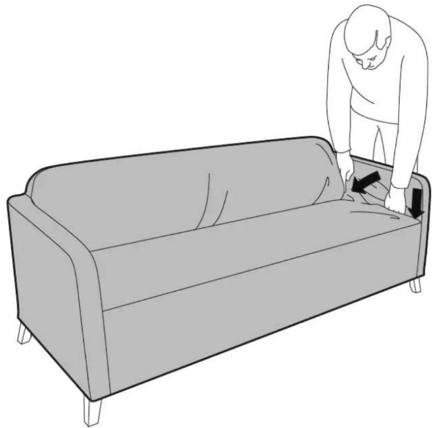 Line drawing of a person opening a sofa with a handle, showing the seat area and furniture placement (no text or symbols)