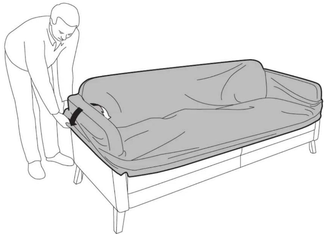 Line drawing of a person adjusting a bed with a bandage, no text or symbols present